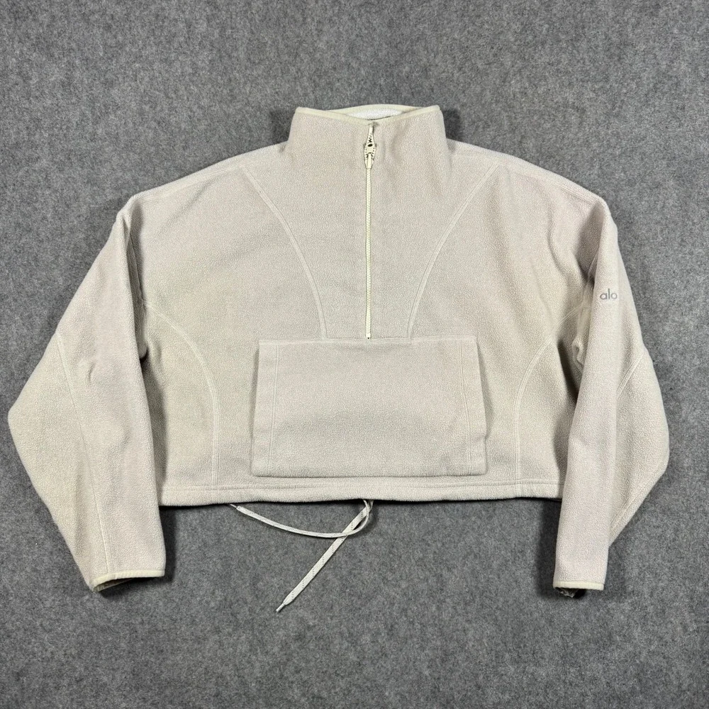 Alo Yoga Fleece Pullover Womens L Bone Quarter Zip Cropped Drawstring Sweatshirt
